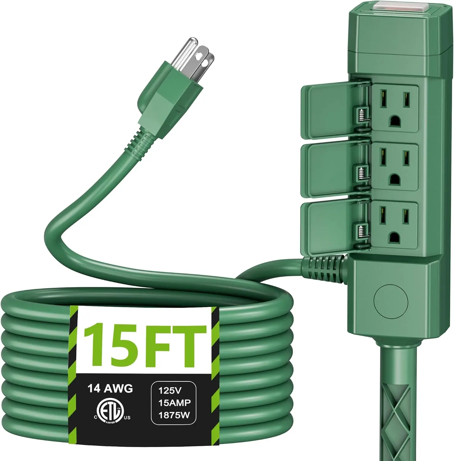 BN-LINK 15ft Outdoor Extension Cord Waterproof with Power Stake, 6-Outlet Power Strip Weatherproof, 14/3 SJTW Heavy Duty Power Cord for Halloween/Christmas Decorations and Inflatables, 15A/1875W