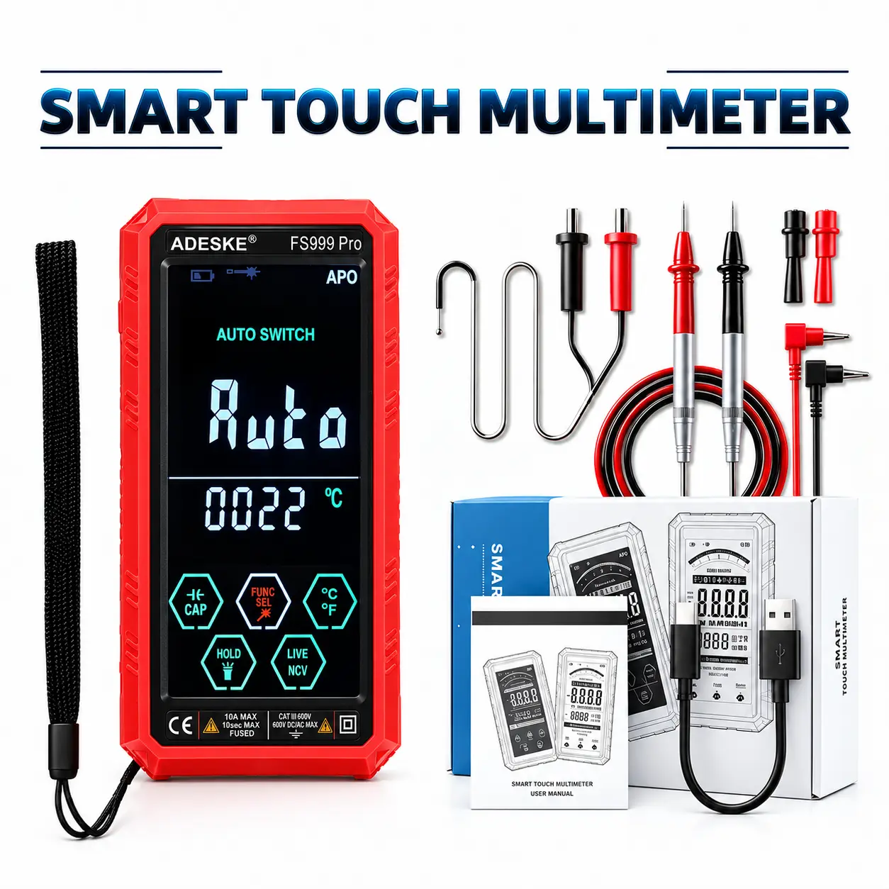 ADESKE Touchscreen Smart Digital Multimeter—High-Definition Display/Temperature Testing/Laser Guidance/NCV Detection/Silicone Protection/For Electrical Engineers and DIY Enthusiasts