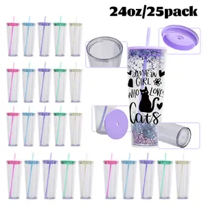 Crafix 25-Pack 24oz Tapered Double-Wall Acrylic Glitter Tumbler, Portable Reusable Plastic Water Bottle with Colored Lids, Straws, Pre-Drilled Blank, US Warehouse Shipping,summerwins
