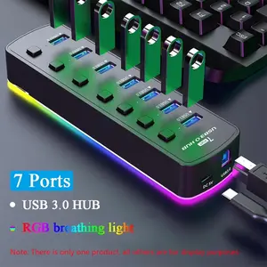 RGB USB 3.0 HUB 7-Port Data Adapter, 5gbps Independent Switch Splitter, Gaming PC USB Extender, Laptop/PC Accessories