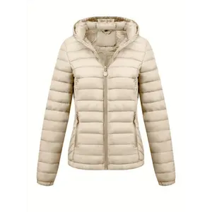 Women's Lightweight Hooded Winter Jacket - Black, Casual Commuter Coat with Pockets, Long Sleeve, Nylon Material, for Fall and Winter, Cold Weather Apparel|   Minimalist Durable Zipper Fabric Polyester LQ91109
