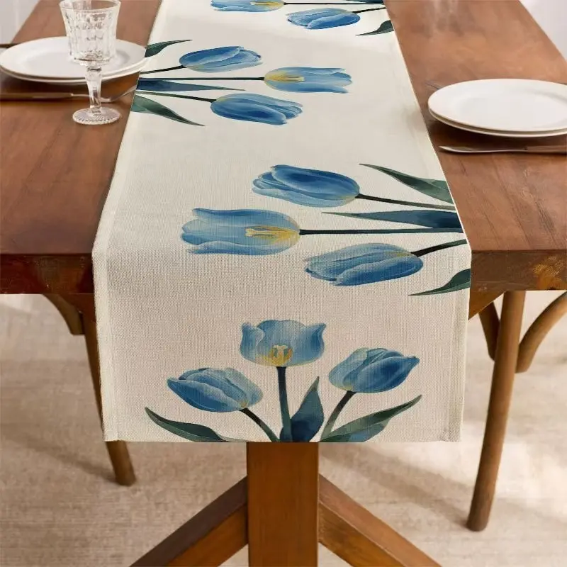 2D flat printing, 1-piece Mother's Day French retro blue tulip table flag, linen textured table flag, light luxury dining table decoration long tablecloth, festive atmosphere decoration, indoor and outdoor kitchen and restaurant decoration, gifts