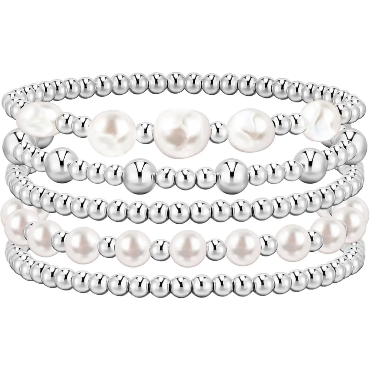 5 Piece Beaded Bracelet Set for Women, Gold & Silver Plated Layered Stack with Pearl Accents & Mixed Designs, Adjustable Stretch Jewelry, Beaded Strand Bracelet, Layered Bracelet Set