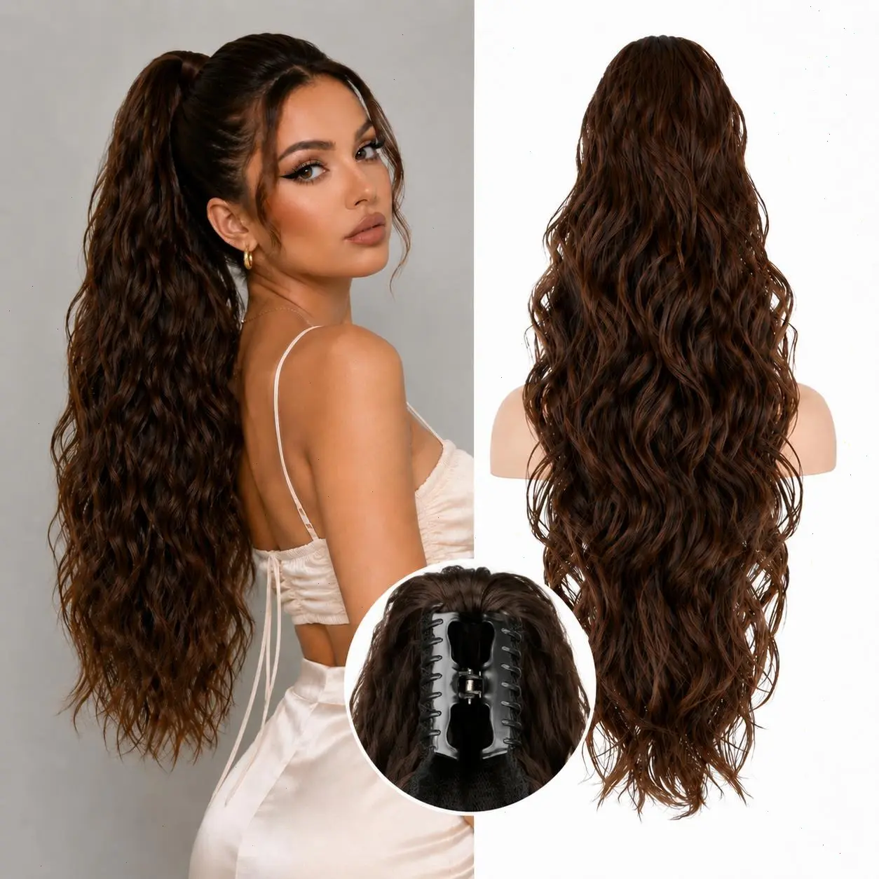 NOKOARI Women's 28-in Synthetic Claw Clip Ponytail Hair Extensions - Fluffy Natural-Looking Water Wave Clip-In Hairpiece