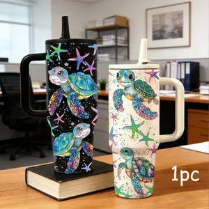 1 Pc 40oz sea turtle starfish insulated mug, ocean print with seashell, coral reef, tropical beach vacation style, handle and straw, double wall, leak-proof, keeps hot 12 hours and cold 24 hours, holiday gift for women men, office gym travel daily use