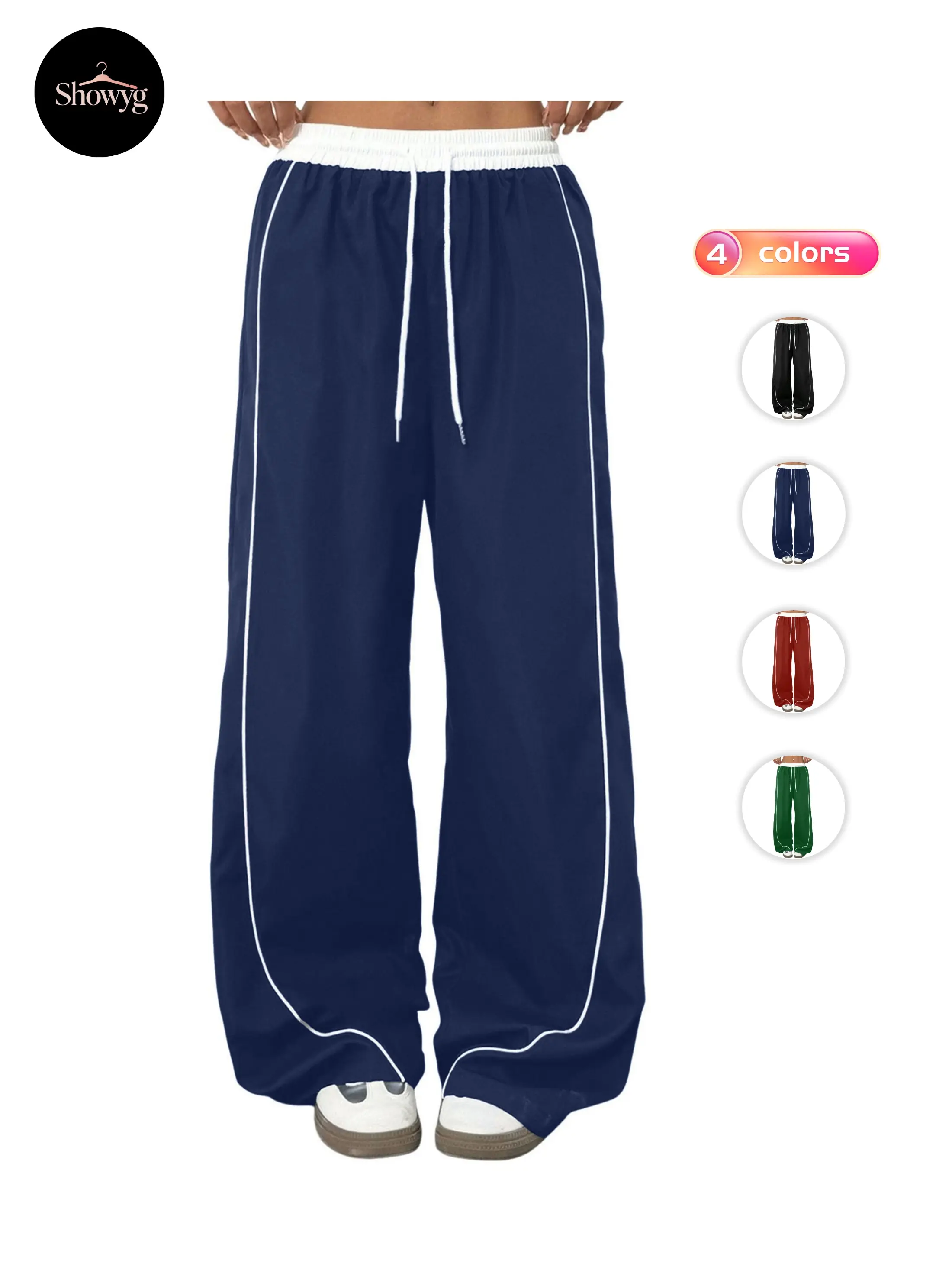Showyg Womens Parachute Pants Y2K Wide Leg Cargo Sweatpants Drawstring Waist Jogger Pants with Pockets