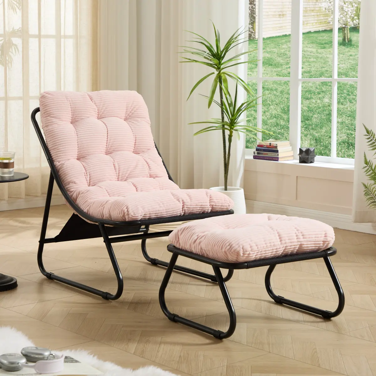 Outdoor Lounge Chair with Ottoman, Oversized Papasan Chair with Footrest, Comfortable Cushioned Lounge Chair for Indoor & Outdoor, 400 LBS Heavy-Duty Reading Chair with Cushion (Pink)