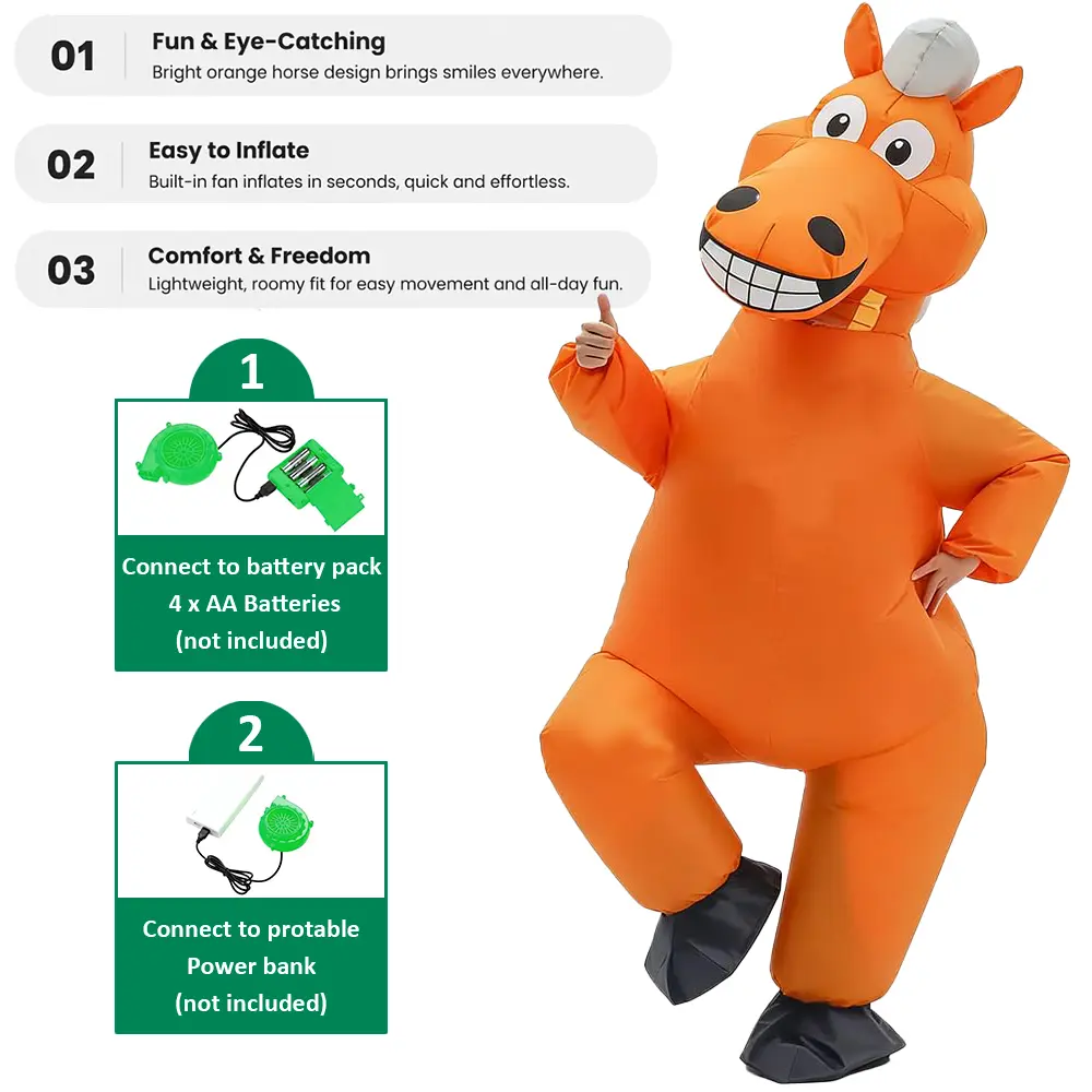 Women's Polyester Inflatable Brown Horse Costume - Full Body Funny Mascot with Grinning Face, Horse Head, Breathable Viewing Window, Tail - for Halloween Trick or Treat, Costume Ideas, Candy Haul - 1 Piece All Seasons Active Play Outfit