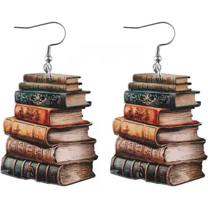 Handmade Wooden Stackable Book Dangle Earrings Lightweight Teacher Student Stack of Books Reading Earrings for Women Librarian Appreciation Day Gifts Graduation Back to School Jewelry