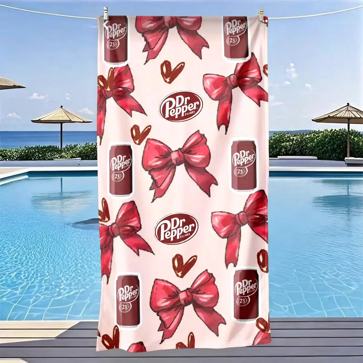 Pepper Doctor Bow Heart Theme Beach Towel, Absorbent Breathable Towel, Lightweight Soft Towel, Gift, Fast Drying Ultra Soft Polyester Fiber, Multi-Purpose Yoga Travel Swimming Camping, Water Absorbent Towel
