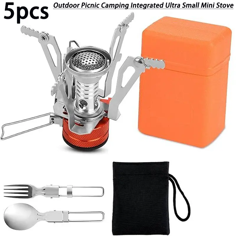 5pcs Portable Butane Stove Cookware Set with Electronic Ignition, Adjustable Cooking Surface, Bonus Utensils, Compact Foldable Design, Draw String Storage Bag, Efficient Heat Creation for Outdoor Picnic Camping (Home & Party Supplies)
