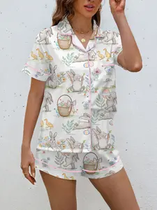 Easter Bunny Egg Basket Print Women's Pajama Set, Pjs, Loungewear, Short Sleeve Button Front Soft Top and Loose Elastic Shorts, Casual Home Wear, Nightwear, Pyjamas
