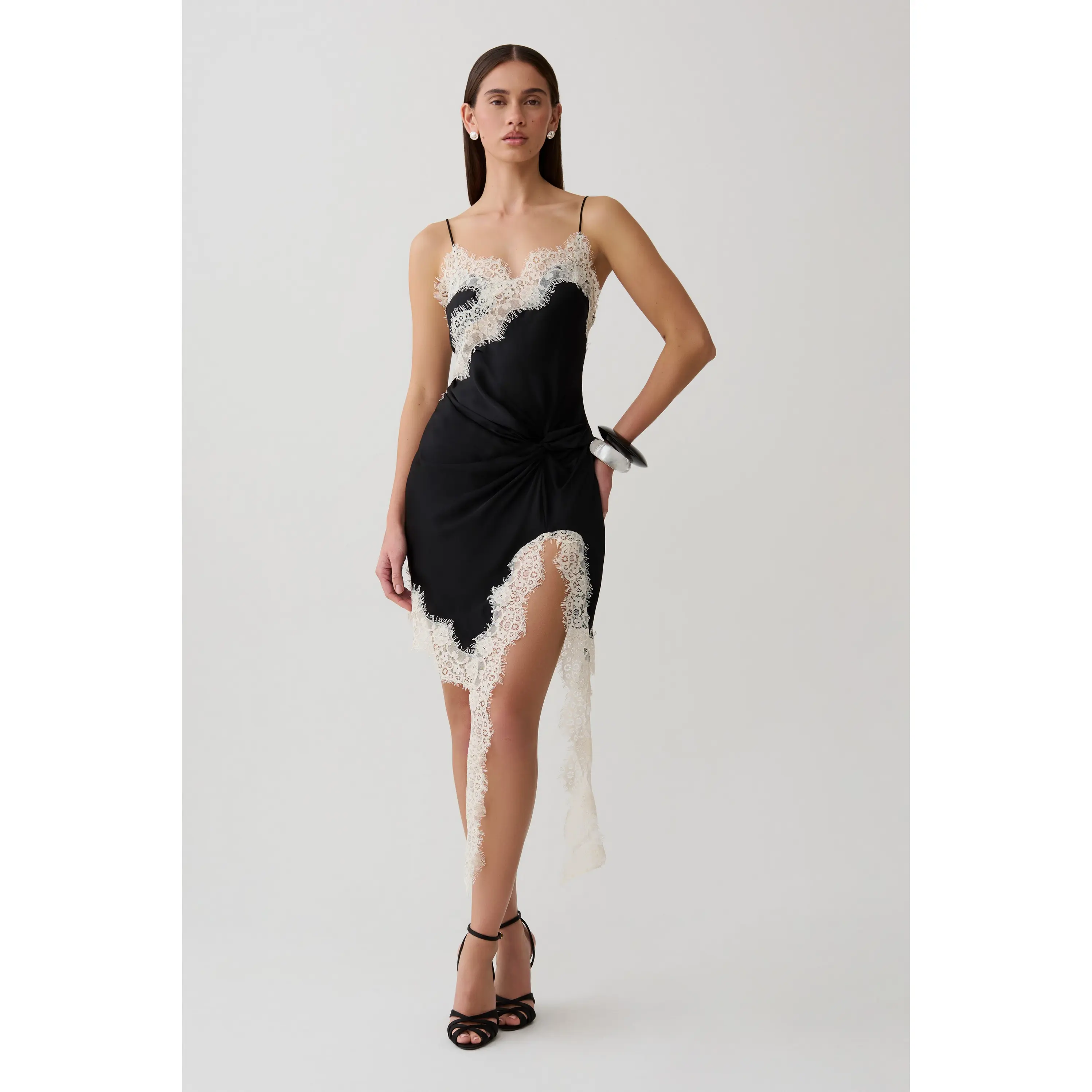 Amber Satin And Lace Mini Dress - Black/Ivory