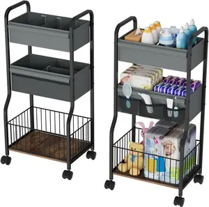 3-tier Baby Diaper Caddy Organizer and Storage Cart with 4+3 Dividers, Metal Utility Cart with Lockable Wheels for Nursery, Bedroom, Bathroom, Black
