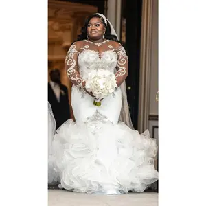 C2022-SLS69 - beaded plus size fit-and-flare wedding gown with sheer illusion neckline w long sleeves & bling