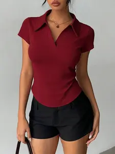 Women's Casual Basic Slim Fit Polo Neck Short Sleeve Top, Comfortable Soft Fabric, Perfect for Outdoor Shopping Friend Gatherings Trendy