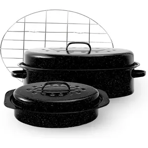Enamel Roasting Pan With Lid and Rack 13" 18" Roaster Pans Set With Rack Suitable Cooking Poultry Baking Turkey Bread Beef High Temperature Resistance,Dishwasher Safe,Holiday Gifts CookWare
