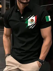 2026 Men's Mexican Flag Emblem Polo Shirt in, Stylish Mexican Culture Streetwear for Daily Commute, Comfortable Casual Top, Cultural, Graphic, Fitted, Print, Menswear