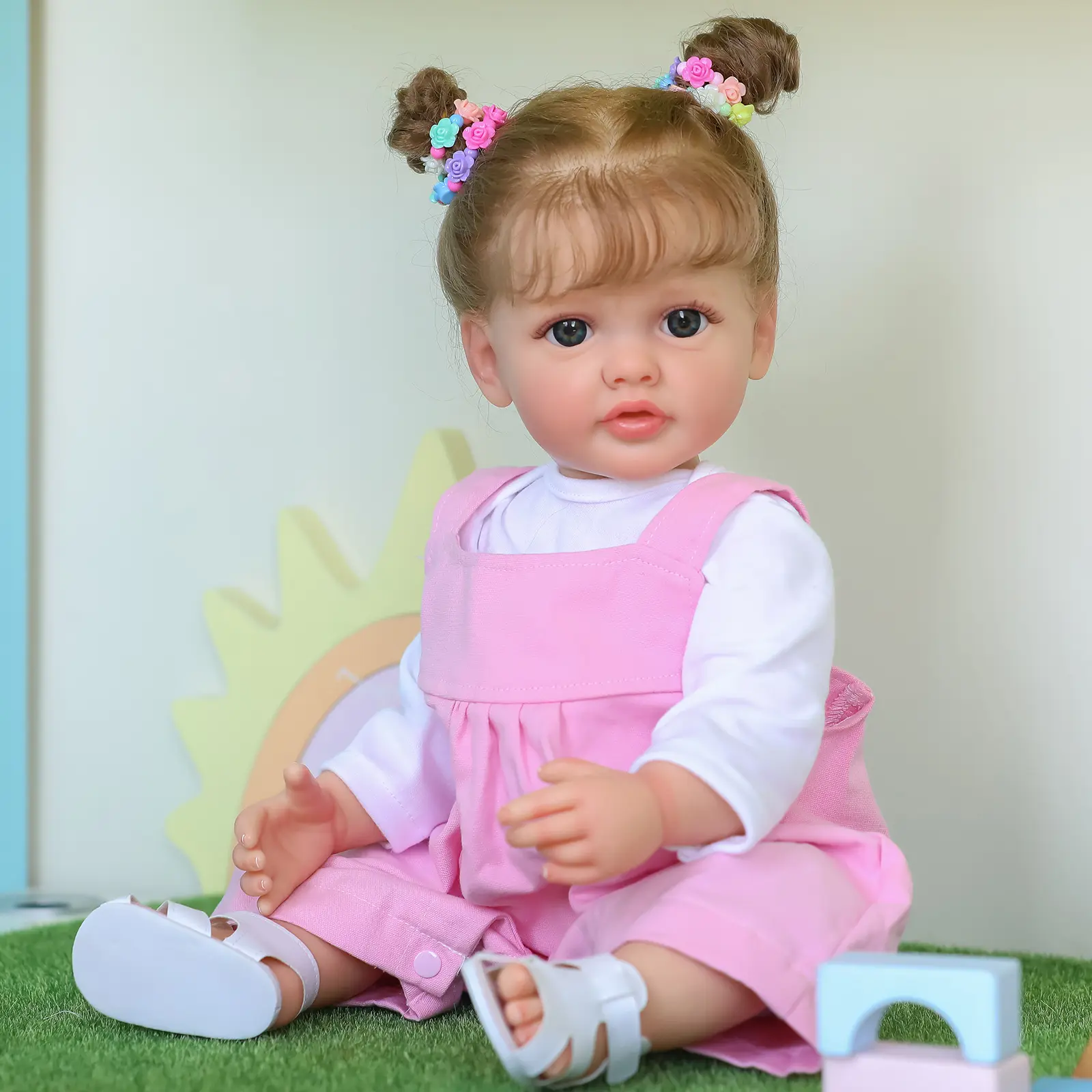 Approx. 20-Inch American Girl Style Full-Vinyl Body Fashion Doll - Awake, Rooted Brown Hair Bun, Blue Eyes, White Top, Pink Overalls, Complete Accessories, Gorgeous Vinyl Face, Ideal for 4-6 Years Birthdays, Adult Supervision Recommended, Gorgeous Doll