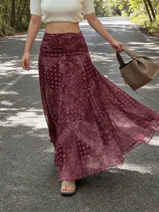 Women Boho Maxi Skirt High Waisted Chiffon Flowy Long Skirt Vintage Floral Print Lightweight Summer Beach Vacation Casual Elegant A Line Tiered Skirt Feminine Chic Outfit Burgundy Womenswear Bohemian