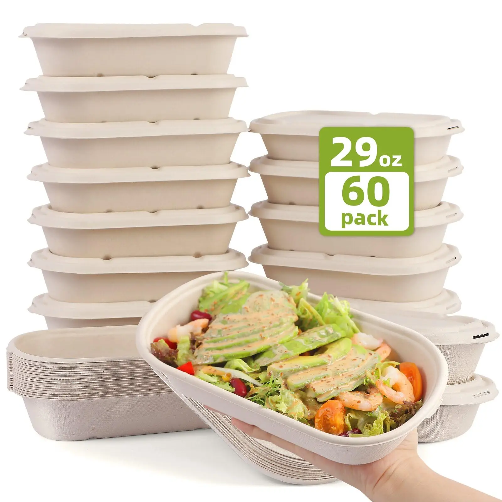 60pcs(29oz) Disposable Meal Prep Lunch Food Takeout Salads Sandwiches Containers With Lids Compostable Biodegradable To Go Microwavable Freezer Safe For Party Camp Out.