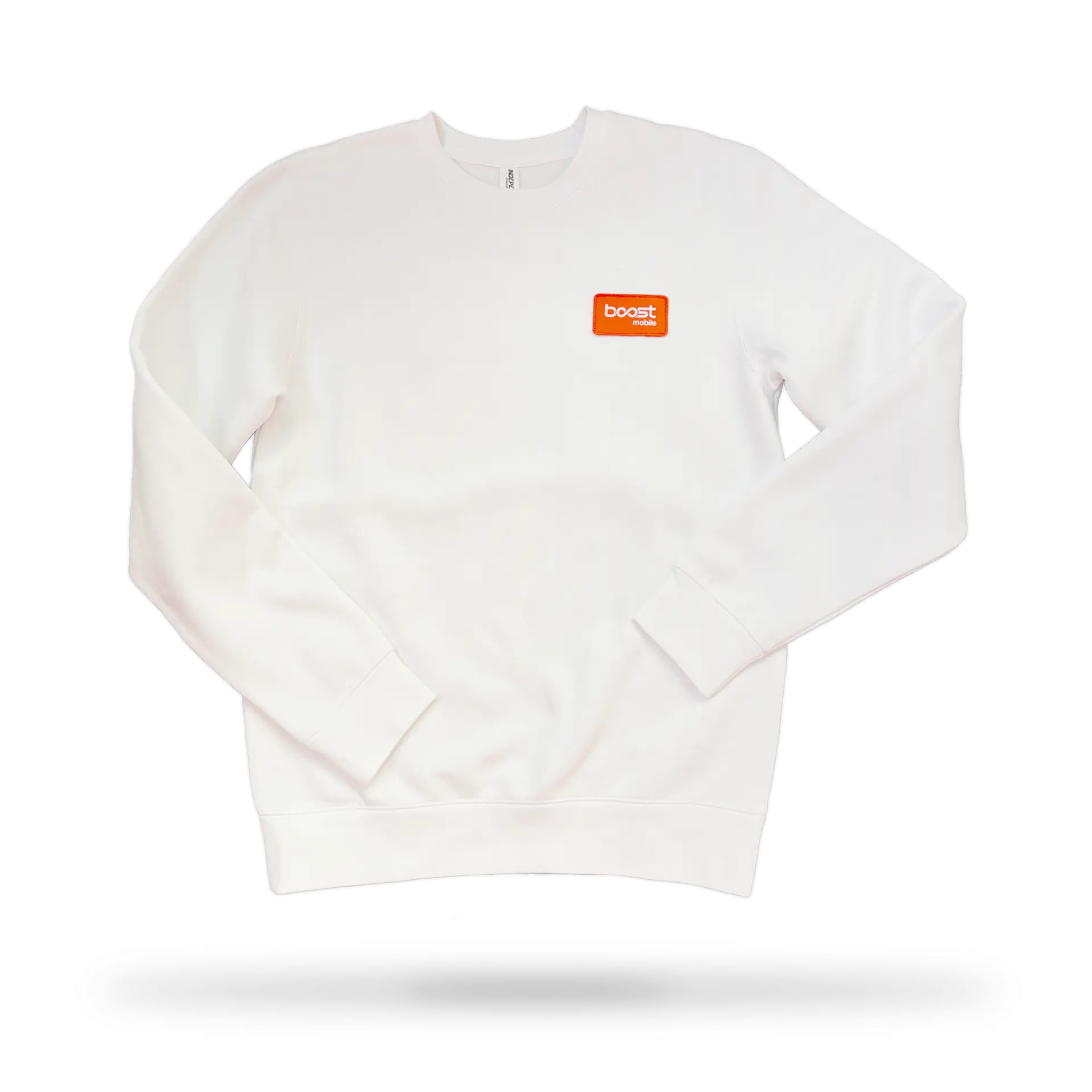 Men's Unisex Pull-On Pullover Fleece Crew Neck Sweatshirt - White, Casual Regular Fit, Plain, Wireless, Boost Mobile Patch Logo, TikTok Shop EXCLUSIVE 1-Piece Menswear Top
