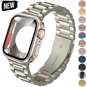 3-Bead Stainless Steel Band with PC Full Coverage Case Set for Apple Watch, 2-in-1 Protective Strap for Series 1–11/Ultra/SE (38–49mm)