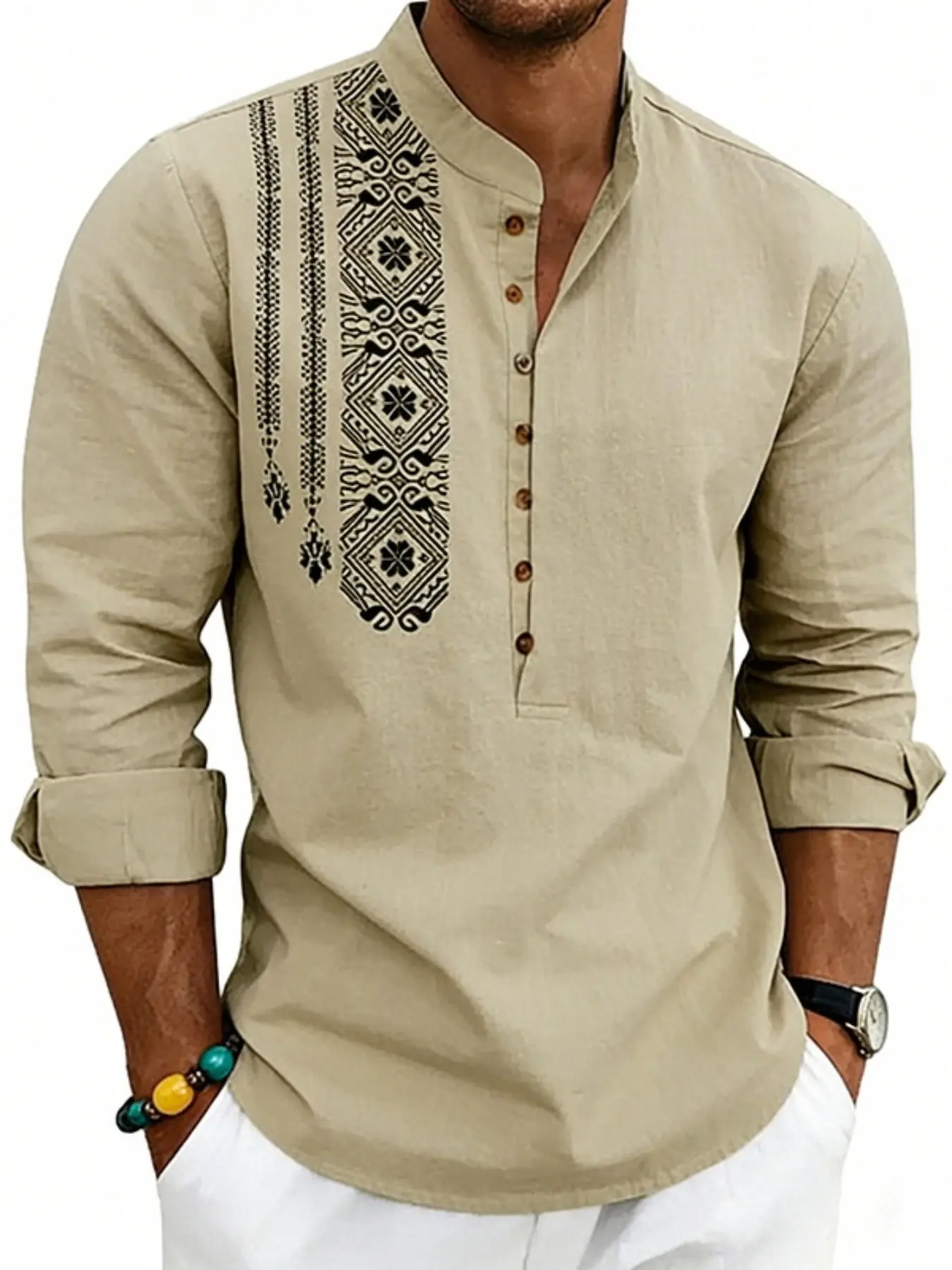 American Style Spring Summer Long Sleeve Loose Ethnic Plain Natural Linen Print Breathable Stand Collar Button Front Casual Shirt for Men Menswear