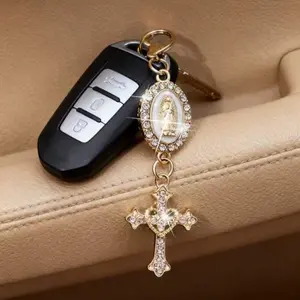 Christian Themed Cross, Pearl And Diamond Charm Stylish Keychain - Cross Keychain, Bag Charm, Cross Pendant, Wallet Backpack Decor, Earphone Bag Accessory, Luggage And Car Decor Keychain With Ring