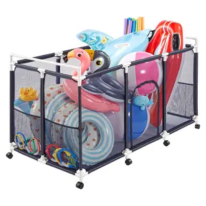 【Summervibes】VEVOR Pool Storage Bin, 62.6 x 32 x 36 in, Rolling Pool Float Storage Organizer with Side Pockets & Casters, Durable Plastic Frame, Poolside Toys Noodles Holder Mesh Basket for Swimming Pools