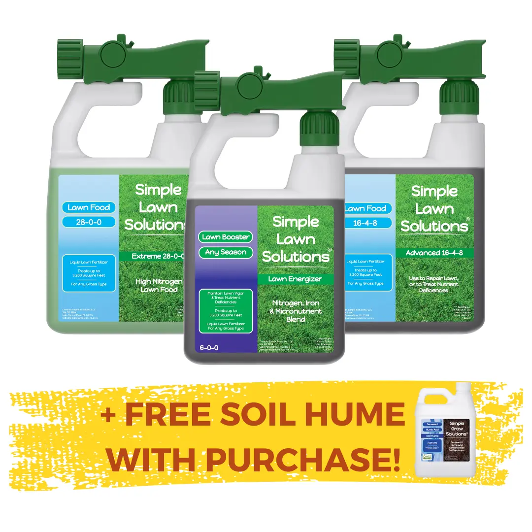 SIMPLE LAWN SOLUTIONS Best Sellers Trio 16-4-8 & 28-0-0 Lawn Food + Lawn Energizer 32oz Bundle + Free Plant Food or Soil Hume