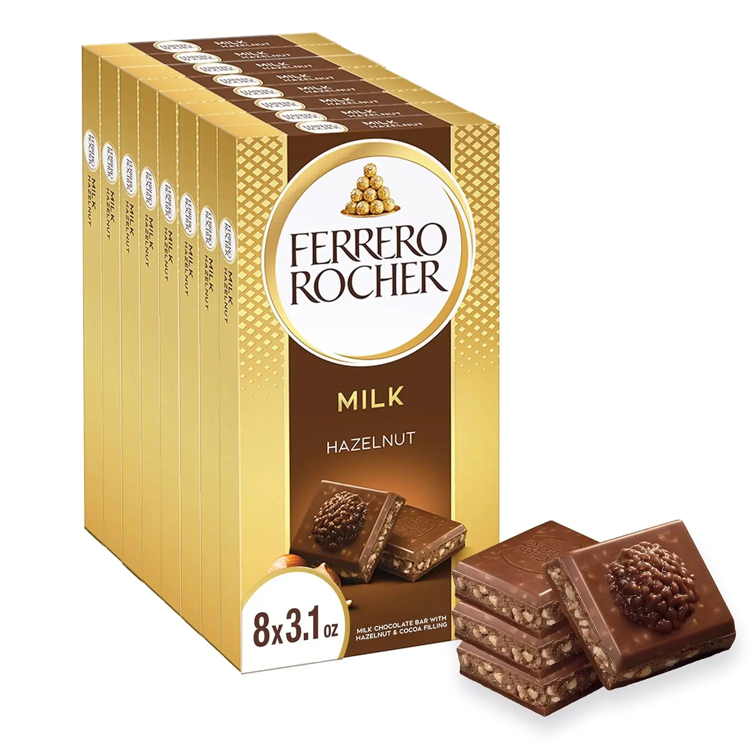 Ferrero Rocher Premium Milk Chocolate Bar with Hazelnut Filling, 3.1 oz Snack, Perfect for Self-Treats