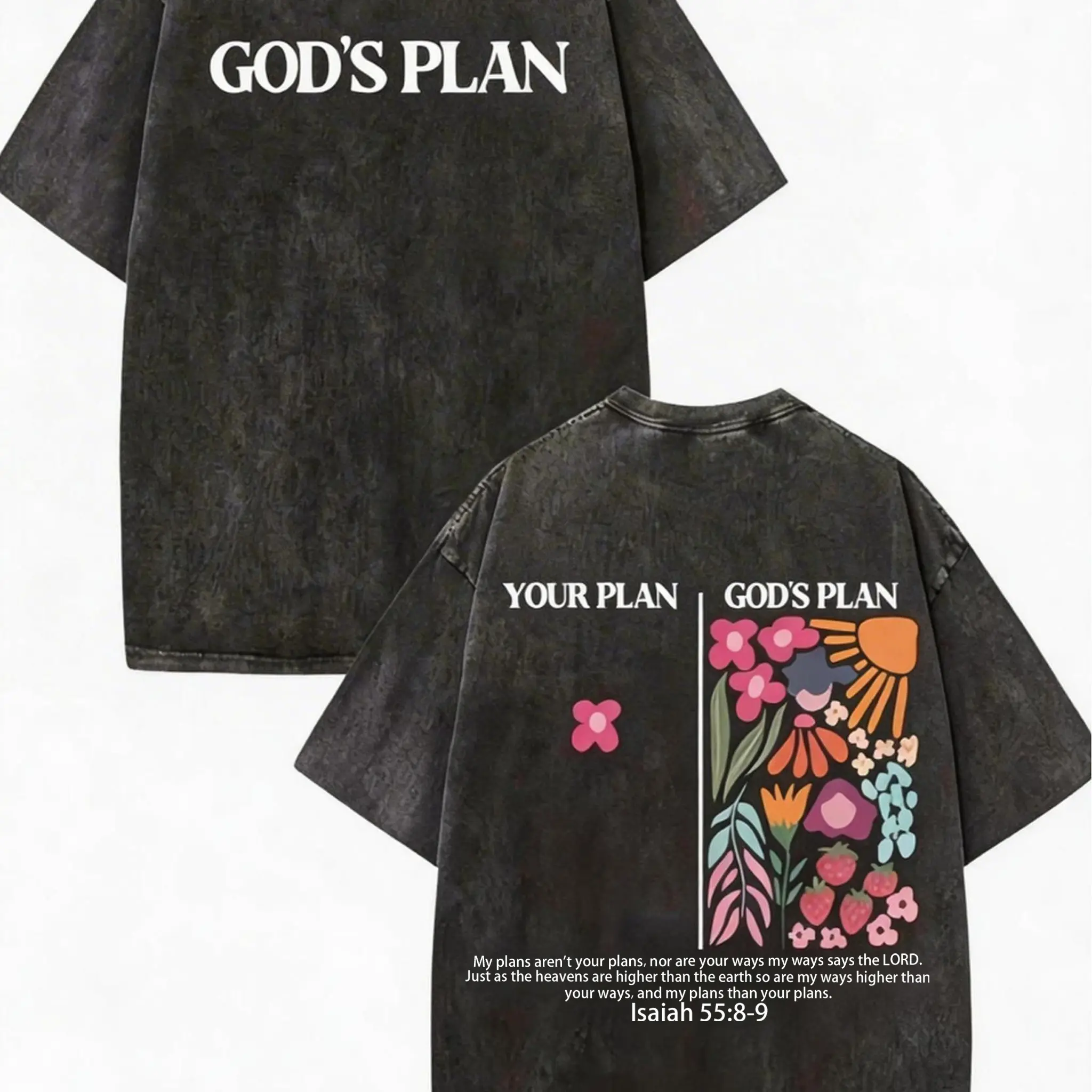 Men’s Vintage Washed Cotton T-Shirt – Acid Wash Tie-Dye Print Short Sleeve featuring "God’s Plan" scripture (Psalm 23:1) and "Hebrews 13:8," casual faith apparel, retro street style, Christmas