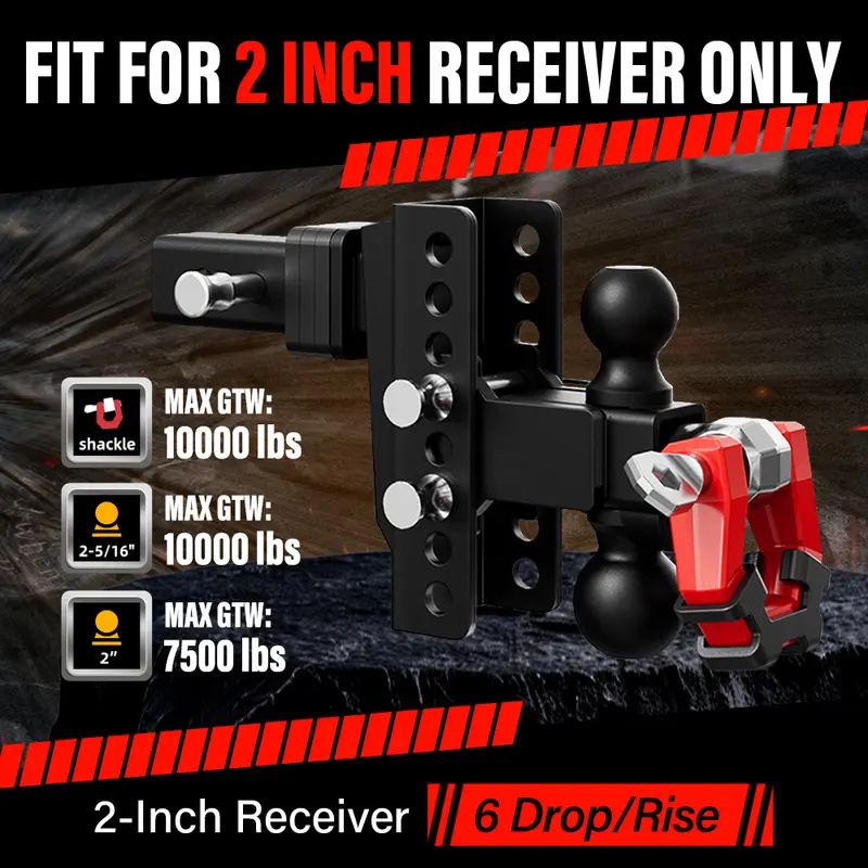 PPOLB Heavy-Duty 6-In Drop Adjustable Trailer Hitch - 2-In Receiver Dual Ball Mount with Shackle, 10,000 LBS GTW, Anti-Theft Keyed Locks, Integrated Muffler & Rub Pads, Corrosion-Resistant Engineering High-Strength Steel, Boating Water Sports Use