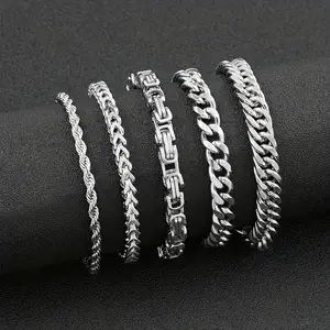 5pcs Fashion Stainless Steel Bracelet Set, Minimalist Silvery Men's Casual Bracelet Set, Men's Casual Dating Accessories