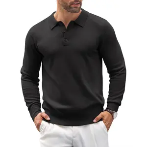 Mens Knit Polo Shirts Casual Long Sleeve Classic Polo Shirts Button Down Golf Shirts