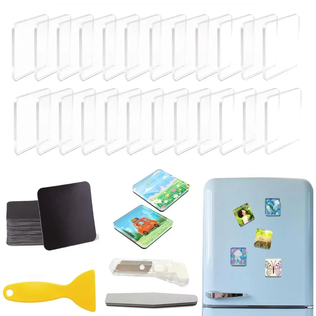 24 Pcs DIY Fridge Magnet Kit,Including Square Clear Acrylic Magnetic Set with Adhesive Backing for Photo,Crafts,Office,Classroom,Cabinets,Kitchen,Halloween Christmas Party Gifts,DIY Hand Tools Kits
