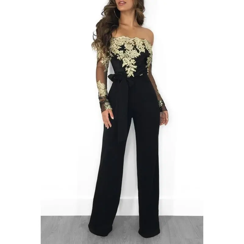 Women's Plus Size Plain Sequin Belted Long Length Party Jumpsuit - Stand Collar, Bishop Sleeves, Front Tie, Colorblock Accents, Fitted Overalls (S-3XL), Sequin Accent, Knit Polyester, Slight Stretch, Dry Clean Only