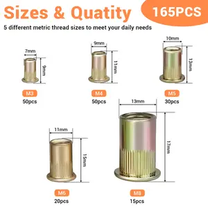 165PCS Zinc-Plated Carbon Steel Rivnut Kit, Metric M3-M8 Nutserts for Metal Furniture Fastening, Wooden Furniture Fastening & DIY Projects