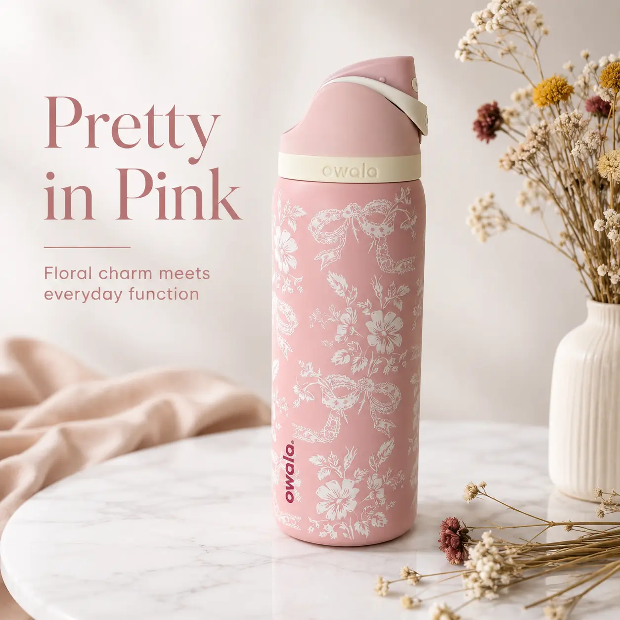 Owala 32oz Pink Floral Bow Print Insulated Water Bottle with Flip Lid, Built-In Straw, Wide Mouth Stainless Steel Travel Bottle for School, Gym & Everyday Use