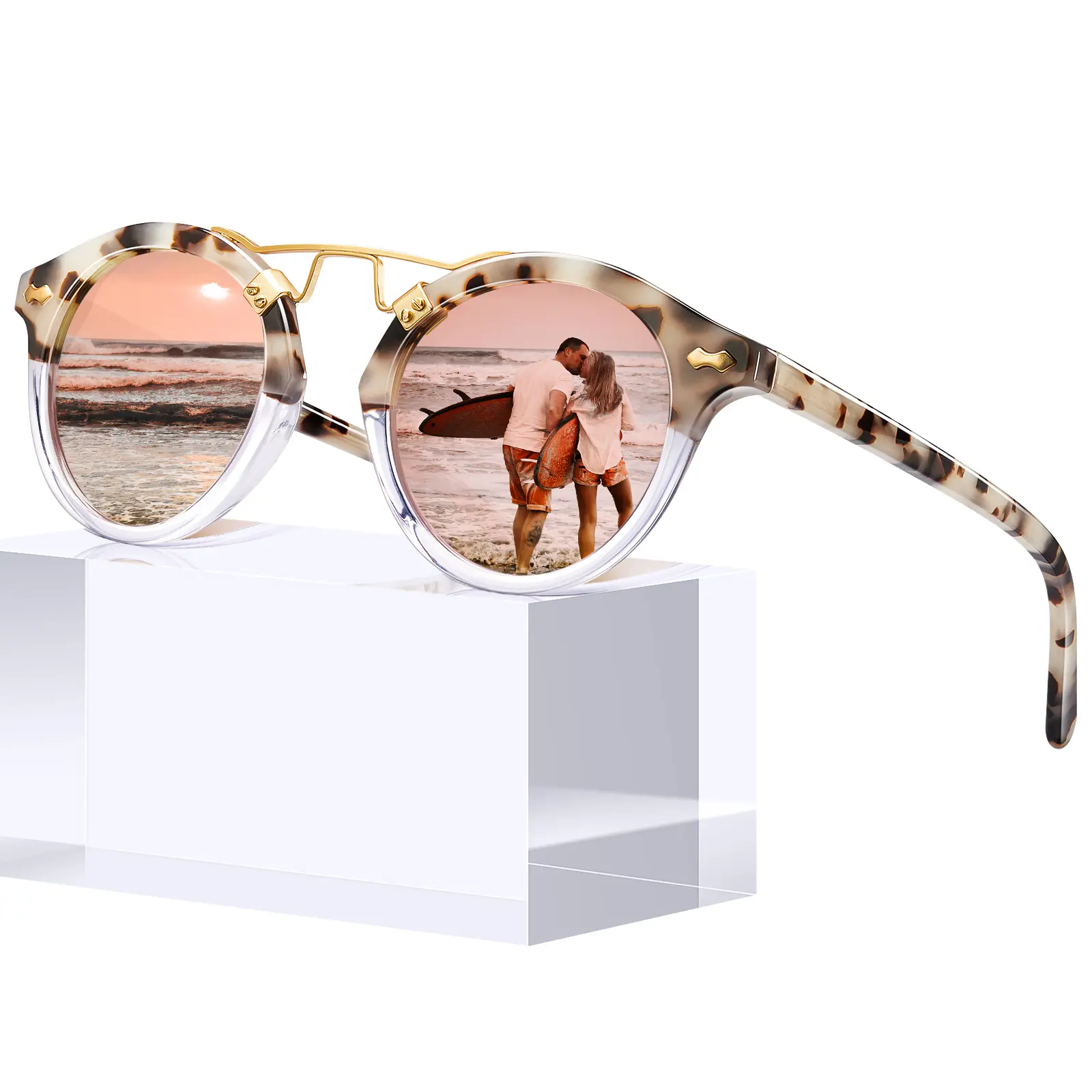 CARFIA Womens Sunglasses, Retro Round Tortoiseshell Trendy Shades in Italy Acetate for Small Faces, Polarized UV400 Protection