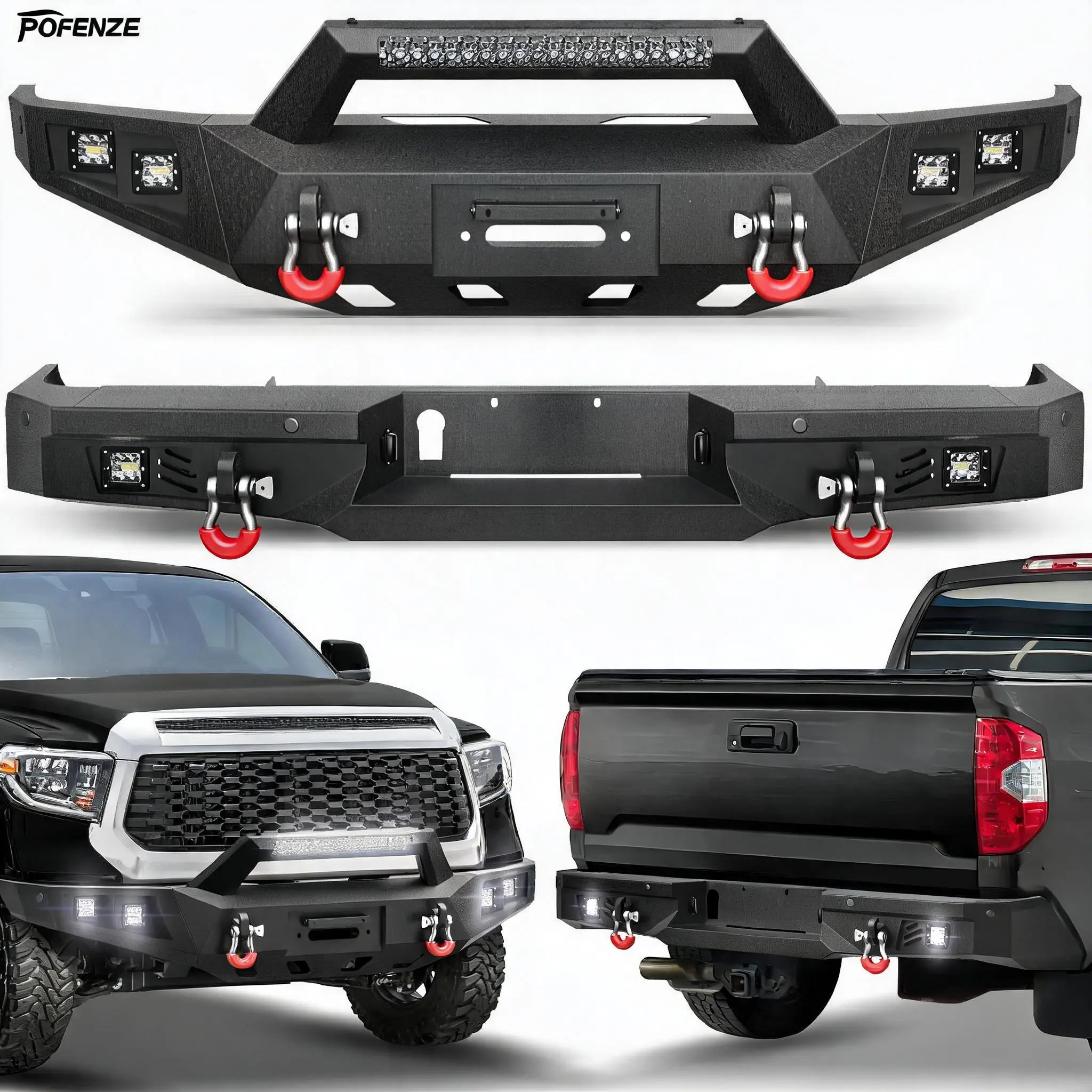 POFENZE Tundra Bumper Set for 2014-2021 Toyota Tundra Pickup Trucks | Textured Black Solid Steel Pickup Truck Bumpers w/Winch Plate, LED Lights, D-rings and License Plate Bracket