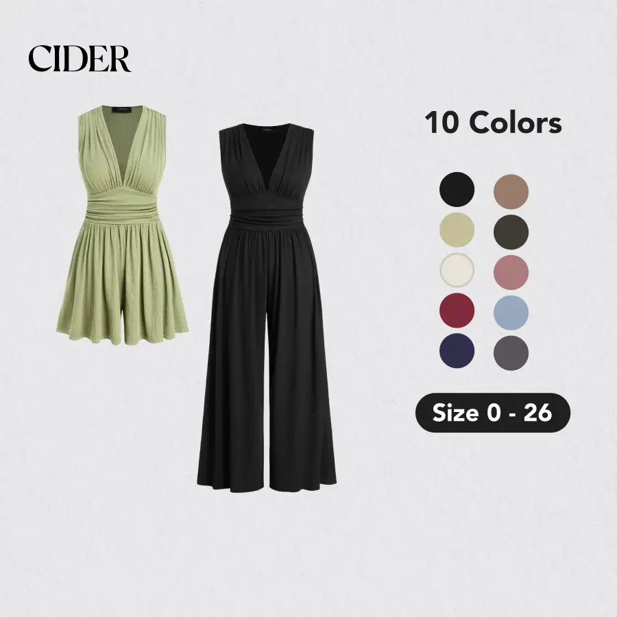Cider [10 colors, size 0-26] V-neck Ruched Solid Wide Leg Jumpsuit