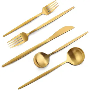 Matte Gold Silverware Set, VANVRO 20-Piece Stainless Steel Flatware Set, Satin Finish tableware Cutlery Set, Service for 4, Home and Restaurant, Dishwasher Safe