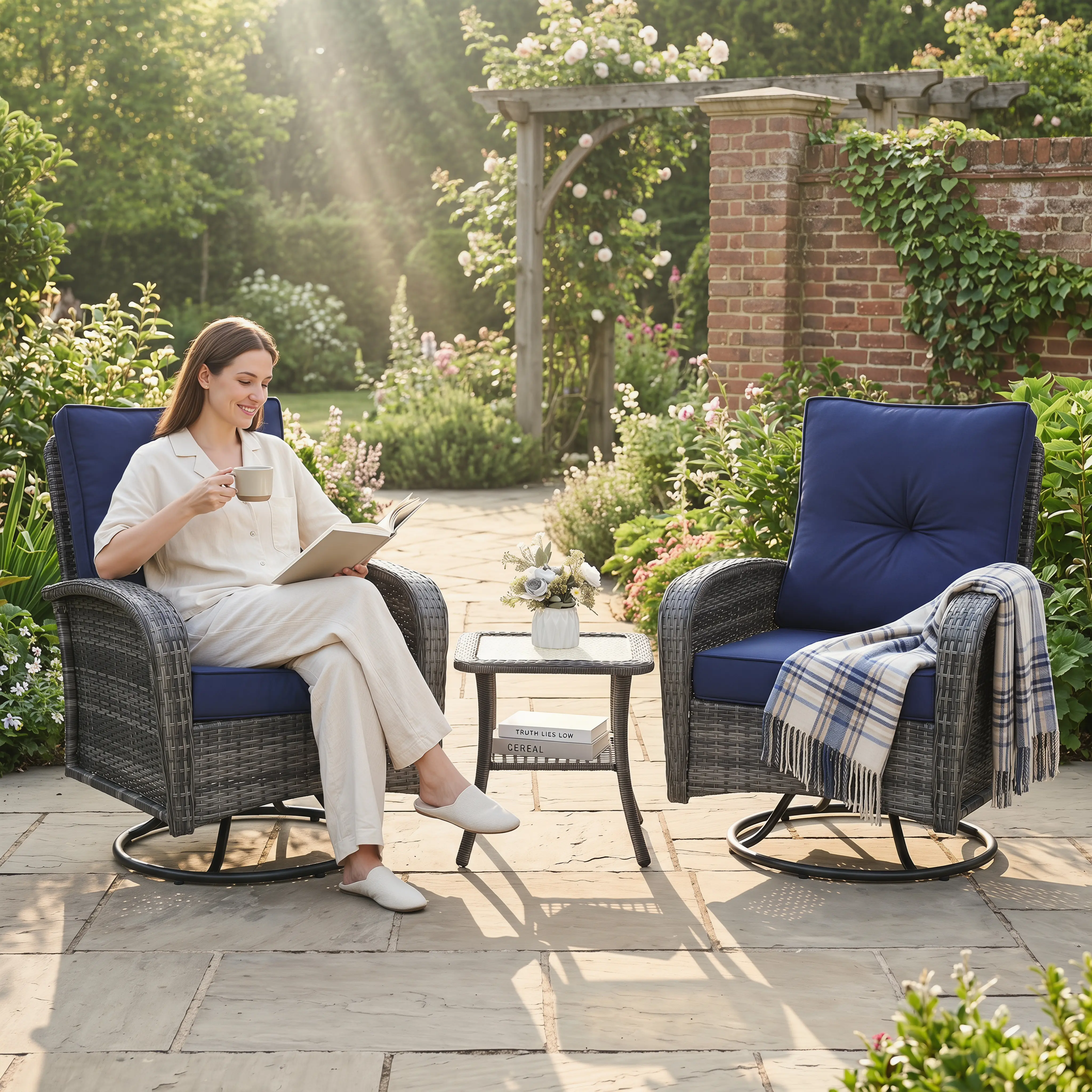 【Crazy Price】3-Piece Outdoor 360 Swivel Rocking Glider Chair Set, Includes 2 Large Wicker Glider chairs with Matching Side Table, Perfect for Patio, Pool, or Porch summergarden,home decor,camping essentials