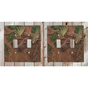 Rustic Western Pine Stag Elk Moose Double Toggle Switch Plate Cover Set Of 2