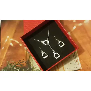 Set of Double Stirrup Horse Lariat Necklace and Stirrup Earrings Equestrian Jewelry #G318