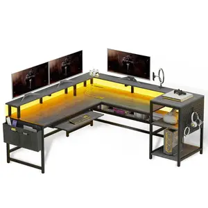 Sikaic 96 Inches L Shaped Reversible LED Gaming Desk Grey Computer Monitor Stand Monitor Riser
