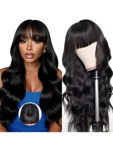 Body Wave 2x4 Simulated Scalp Human Hair Wigs with Bangs for Black Women Wear and Go Glueless Wig with Bangs 180% Density Closure 100% Brazilian Virgin Human Hair