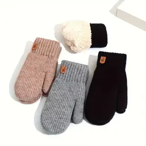 1 Pair Cozy Winter Women's Fleece-Lined Gloves, Solid Color Striped Knit Warm Mittens, Elastic Acrylic Thick Double-Layer for Casual Outdoors, Decorative Full-Finger Warmth Gloves